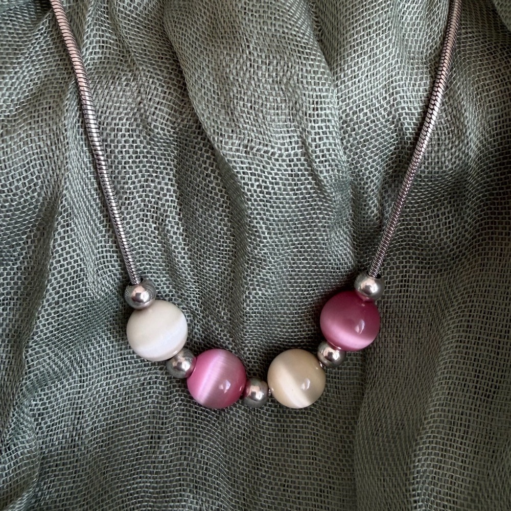 Pink and Cream Beaded Necklace Sterling Silver 925 - Picture 4 of 9
